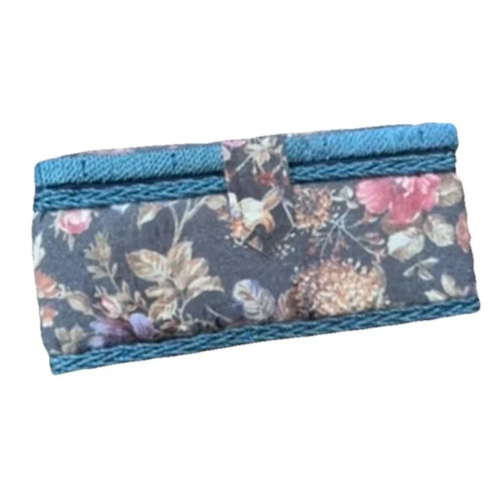 Vintage Sewing Basket Fabric Floral‎ Pattern Storage Box Blue Roped Top Handle